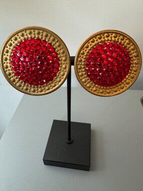 Vintage Richard Kerr Red Rhinestone Clip On Earrings Signed 1980s Runway
